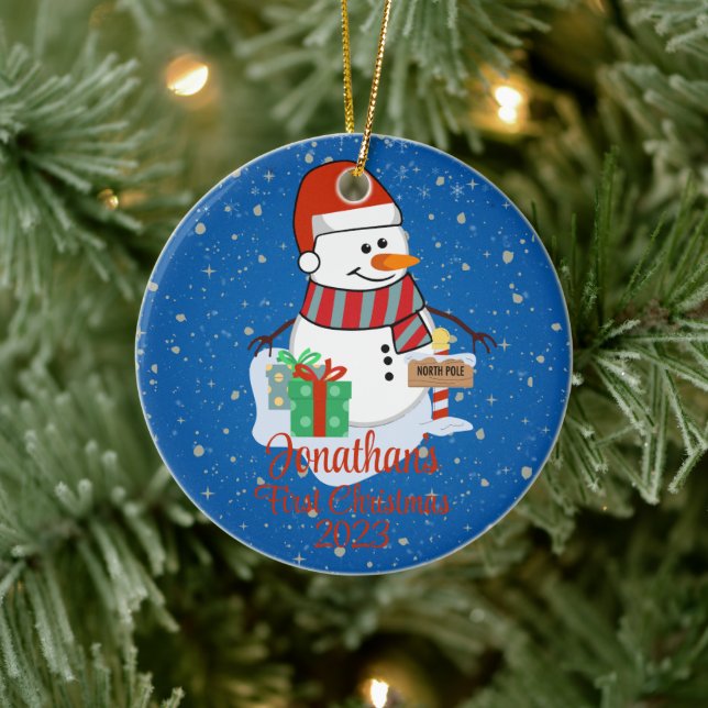 Baby's First Christmas cute snowman modern colour Ceramic Ornament (Tree)