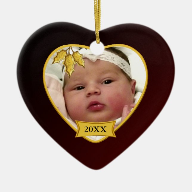 Baby's First Christmas Deep Red Gold Heart Ceramic Ornament (Front)