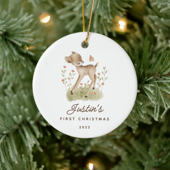 Baby's First Christmas Deer 2 Sided Photo Ceramic Ornament (Tree)