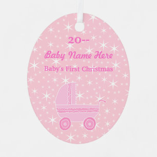 Baby's First Christmas Design in Pink and white Metal Ornament
