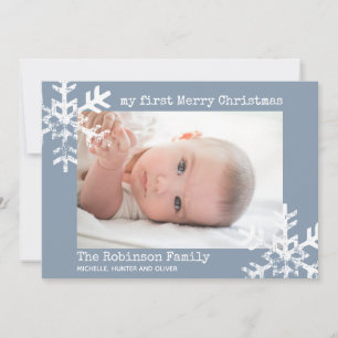 Baby's First Christmas Dusty Blue Photo Snowflakes Holiday Card