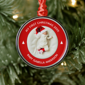 Baby's First Christmas Elegant Red Keepsake Photo Metal Ornament
