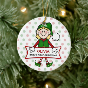 Baby's First Christmas Elf Girl Ceramic Ornament