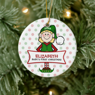 Baby's First Christmas Elf Girl Ceramic Ornament