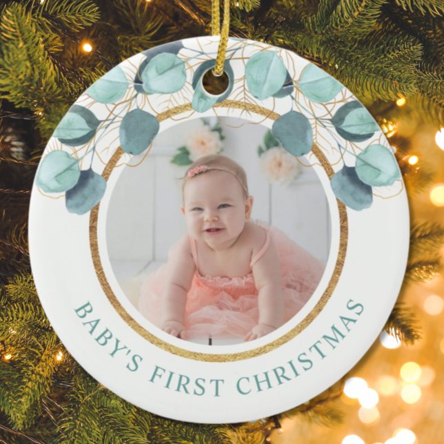 Baby's First Christmas Eucalyptus Photo Ceramic Ornament (Creator Uploaded)
