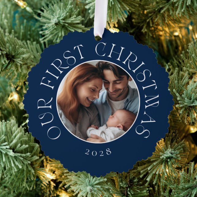 Baby's First Christmas Festive Blue Family Photo Ornament Card (Insitu (Tree))