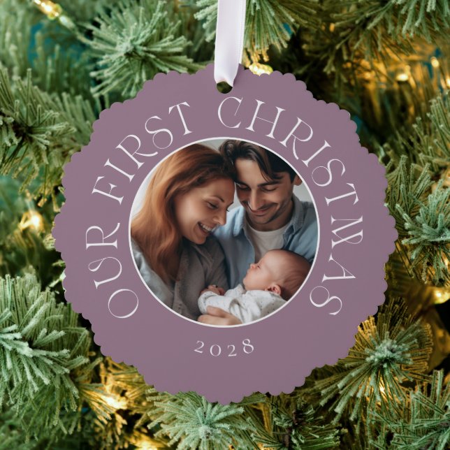 Baby's First Christmas Festive Purple Family Photo Ornament Card (Insitu (Tree))