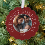 Baby's First Christmas Festive Red Family Photo Ornament Card<br><div class="desc">Baby's First Christmas Festive Red Family Photo Ornament Card that doubles as a new baby announcement card,  christmas tree decoration or gift tag.</div>