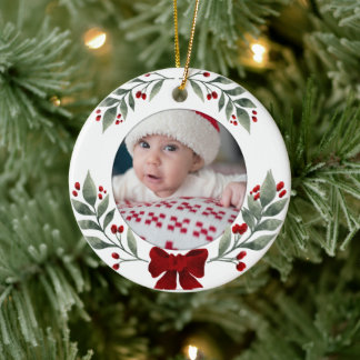 Baby's First Christmas Floral Custom Photo Name Ceramic Ornament