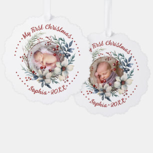 Baby's First Christmas floral wreath photo Ornament Card