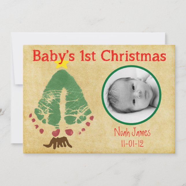 Baby's First Christmas Footprint Christmas Tree Holiday Card (Front)
