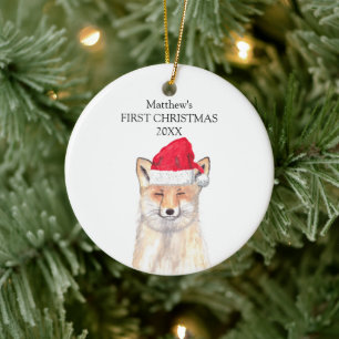 Baby's First Christmas Fox Watercolor Forest Boy Ceramic Ornament