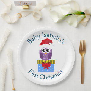 Baby's First Christmas Funny Purple Owl Paper Plate