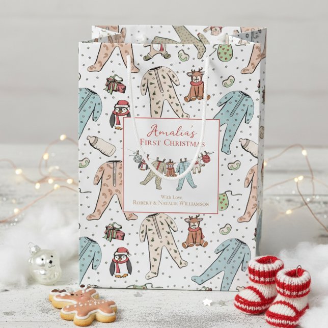 Baby's First Christmas Gender Neutral Medium Gift Bag (Cute Baby's First Christmas Gift Bags Cute Winter Xmas Pajama, Reindeer, Teddy Bear, Penguin Pattern)