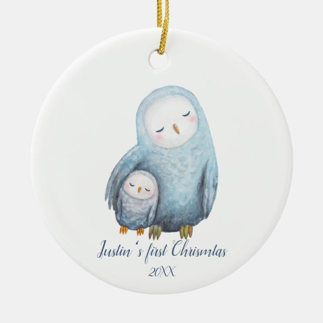 Baby's first Christmas gift Snowy Owl mom baby Ceramic Ornament (Front)
