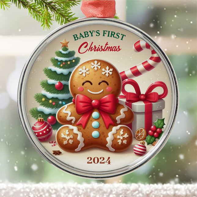 Baby's First Christmas Gingerbread Kid Custom year Metal Ornament (Creator Uploaded)