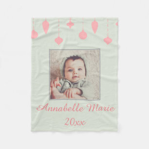 Baby's First Christmas Girl Pink Green Photo Name Fleece Blanket