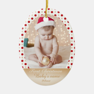 Baby's first Christmas gold and red dots Ceramic Ornament
