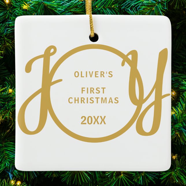 Baby's First Christmas Gold Script Name Keepsake Ceramic Ornament (Creator Uploaded)