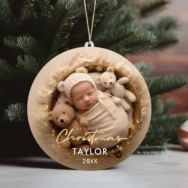 Baby's First Christmas Gold Snowflakes Baby Stats Ceramic Ornament (Baby's First Christmas Gold Snowflakes Baby Stats Ceramic Ornament)