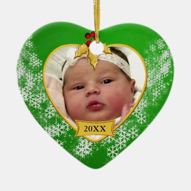 Baby's First Christmas Green Gold Photo Ceramic Ornament (Front)