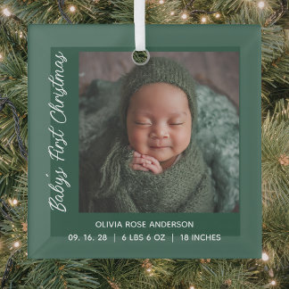 Babys First Christmas Green Photo Glass Ornament
