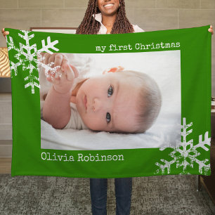 Baby's First Christmas Green Photo Snowflakes Fleece Blanket