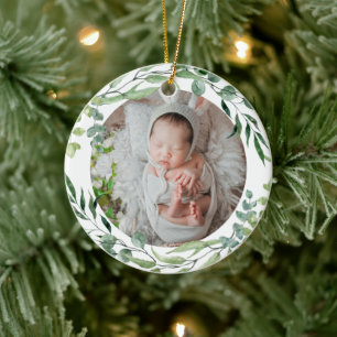 Baby's first christmas green plant frame ceramic ornament