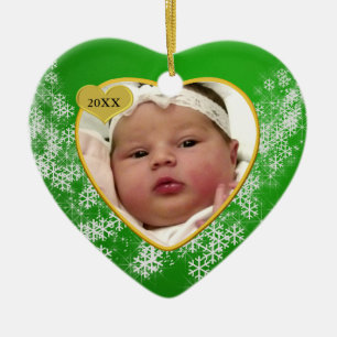 Baby's First Christmas Green Snowflake Photo Ceramic Ornament