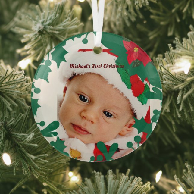 Baby's First Christmas Green Wreath Custom Photo  Glass Ornament (Insitu)
