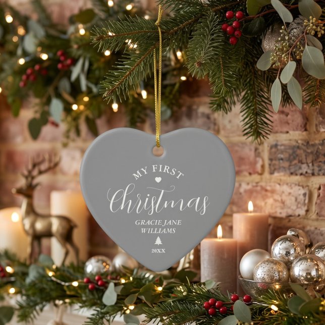 Baby's First Christmas Grey Custom Name Keepsake  Ceramic Ornament (Creator Uploaded)
