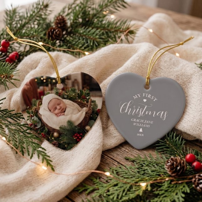 Baby's First Christmas Grey Custom Name Keepsake  Ceramic Ornament (Creator Uploaded)