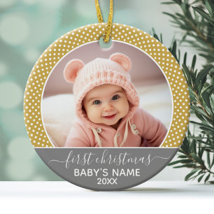 Babys First Christmas - grey yellow dots Ceramic Ornament