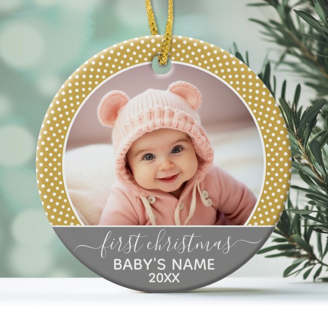 Babys First Christmas - grey yellow dots Ceramic Ornament (Personalized Photo Ornament - Baby's First Christmas)