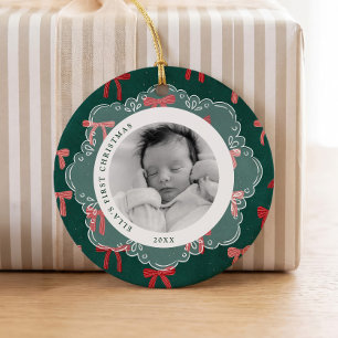 Baby's First Christmas Hand Drawn Bow Photo Ceramic Ornament
