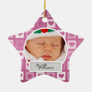 Baby's First Christmas Hearts & Stars Pink Ceramic Ornament