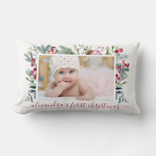 Baby's First Christmas Holly Watercolor Photo Lumbar Pillow (Front)