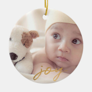Babys First Christmas Joy Gold Snowflakes Custom Ceramic Ornament