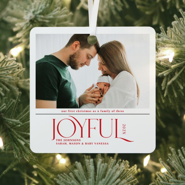 Babys First Christmas Joyful Birth Announcement Metal Ornament (Insitu)