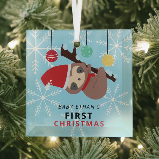 Baby's First Christmas Kawaii Sloth Winter Holiday Glass Ornament (Insitu)