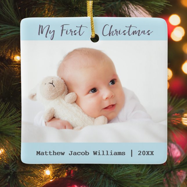 Baby's First Christmas Keepsake Personalized Ceramic Ornament (A personalized Christmas tree ornament for baby's first Christmas, with custom photos and text)