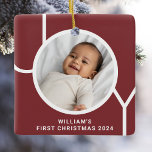 Baby's First Christmas Keepsake Photo Red Ceramic Ornament<br><div class="desc">This stylish Baby's First Christmas Photo Ornament is decorated with the word JOY in modern typography on a maroon background.
Easily customizable with your photo,  name,  and year.
Makes a special gift for grandparents,  aunts,  and uncles.</div>