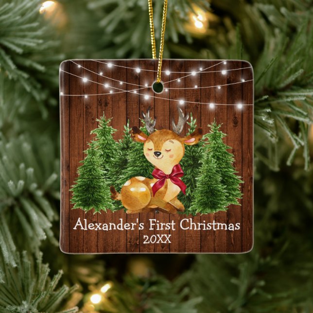 Baby's First Christmas Lights Deer Red Bow Ceramic Ornament (Tree)