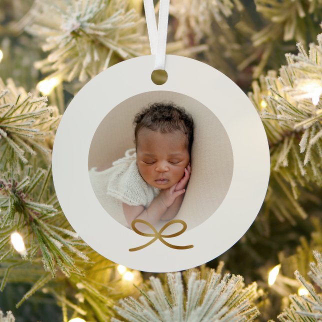 Baby's First Christmas Minimal Gold Bow Photo Metal Ornament (Insitu)