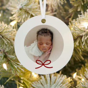 Baby's First Christmas Minimal Red Bow Photo Metal Ornament