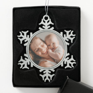Baby's First Christmas Minimal Red Photo Snowflake Pewter Christmas Ornament