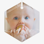 Baby's First Christmas Minimalist Photo Glass Ornament<br><div class="desc">Create your own personalized photo and script white text minimalist Christmas unique gift with this elegant,  modern and simple holiday polygon glass ornament template. Just add your photos and text. Make your own Baby's First Christmas Minimalist Photo Glass Ornament</div>