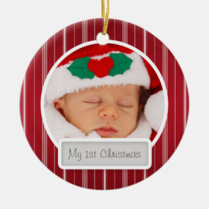 Baby's First Christmas Mod Stripes Pattern Red Ceramic Ornament