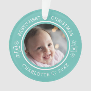 Baby's First Christmas Modern 2 Photo Teal Ornament