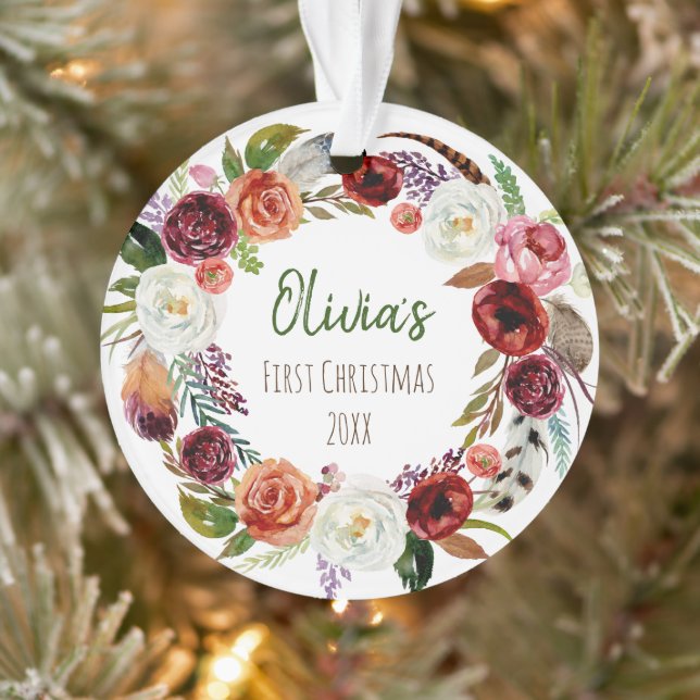 Baby's First Christmas Modern Floral Photo Ornament (Tree)